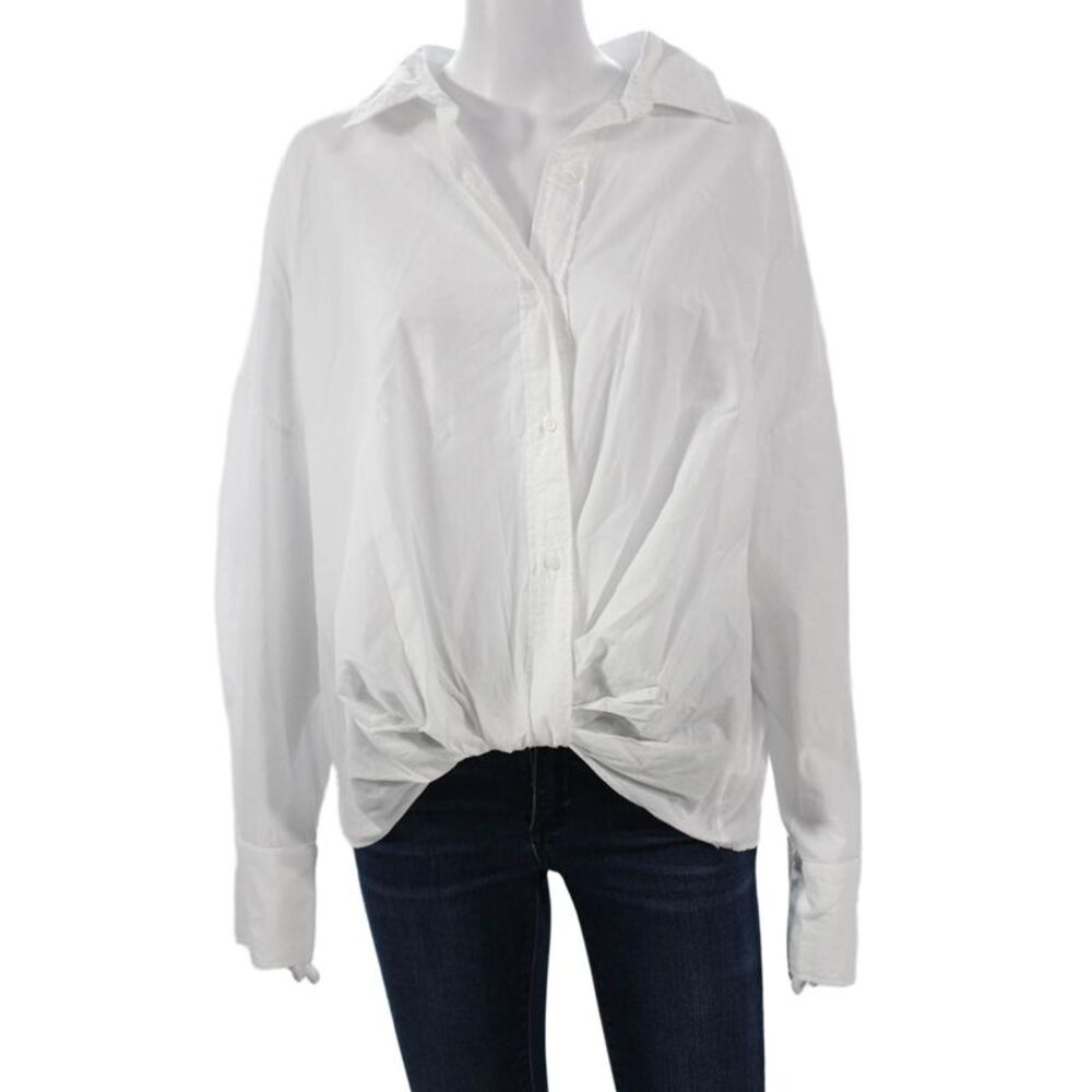 Stateside Women Basic Collared Cotton Button-Up Long Sleeve White Size L